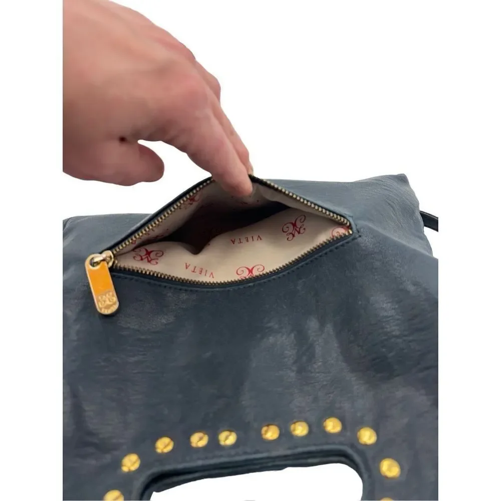 Vieta fashion navy blue vegan leather collapsible gold ￼ studded bag